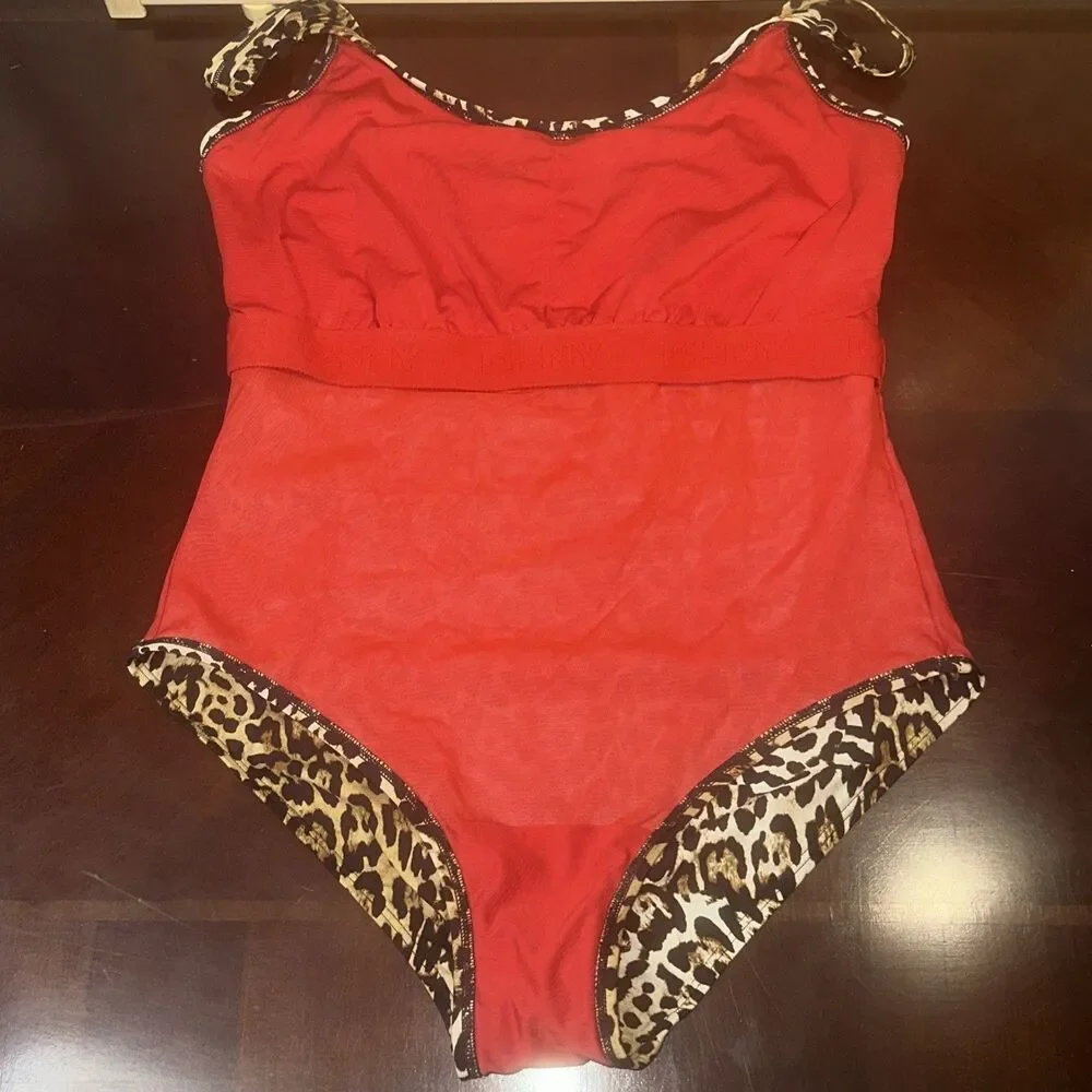 DKNY Leopard Print One Piece Swimsuit Womens Tiered Ruffle Brown XL - Picture 8 of 10